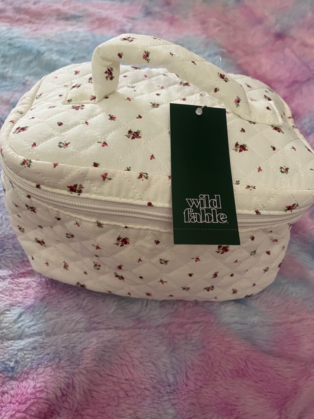 wild fable White Quilted Cosmetic Case with Red Floral Accent